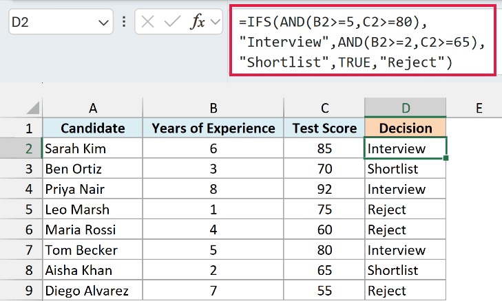 IFS with AND formula returning Interview, Shortlist, or Reject