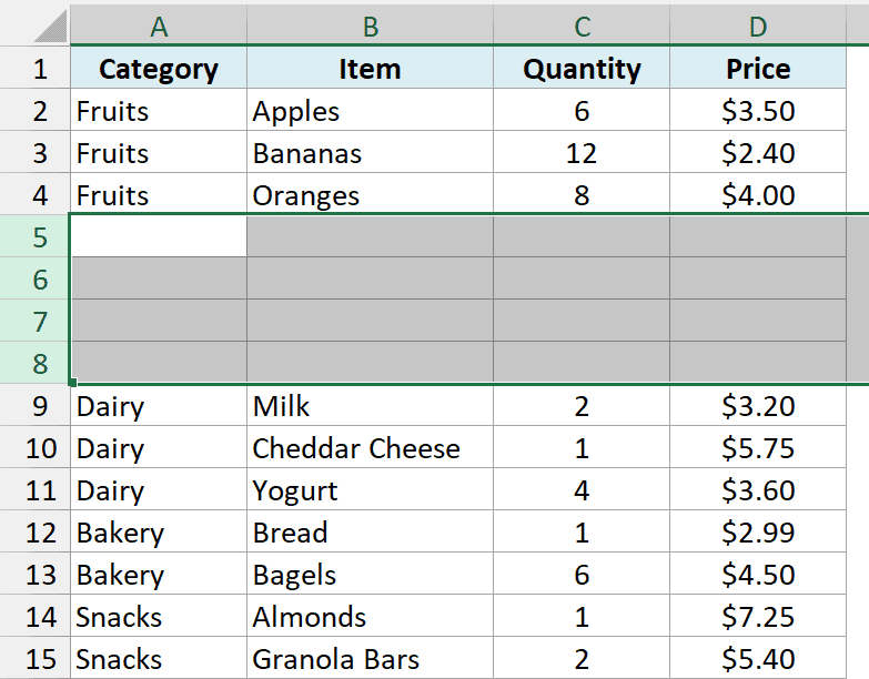 Four blank rows inserted in rows 5 to 8, with Milk now in row 9