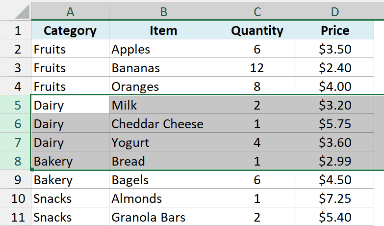 Rows 5 to 8 selected in the grocery list
