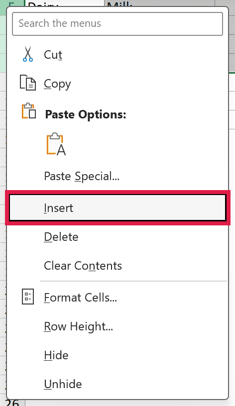 Right-click menu on the selected rows with the Insert option highlighted