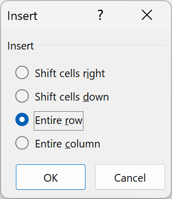 Insert dialog box with the Entire row option selected