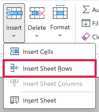 Insert Sheet Rows option in the Insert drop-down on the Home tab