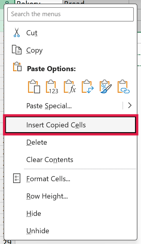 Right-click menu with the Insert Copied Cells option highlighted