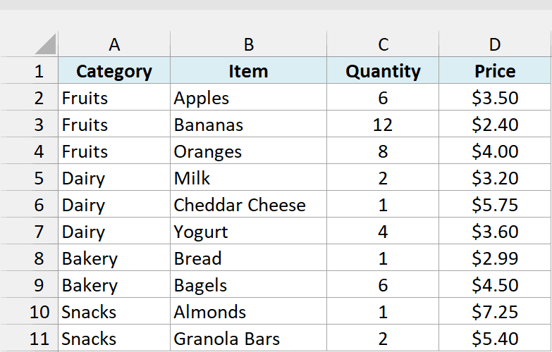 Grocery list sorted by category, with Dairy, Bakery, and Snacks starting in rows 5, 8, and 10