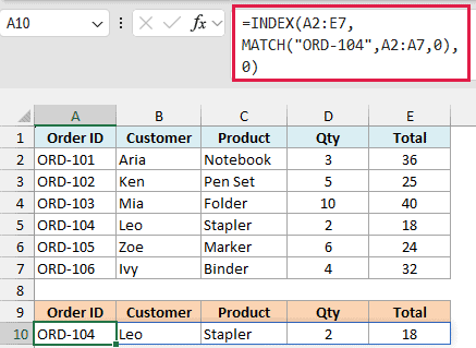 Excel formula using INDEX and MATCH to retrieve the full record for Order ID ORD-104 from a data table
