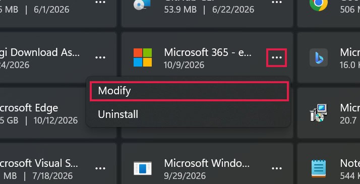 Windows 11 Installed apps with the three-dot menu open on Microsoft 365 and Modify highlighted