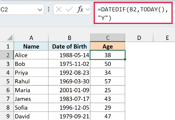 Excel formula bar showing DATEDIF with the Y argument to calculate age in complete years from dates of birth
