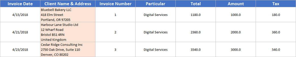Details sheet of the Excel invoice generator template with three sample clients and amounts