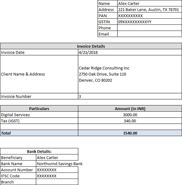 Invoice created by the Excel invoice generator template, filled with sample client data