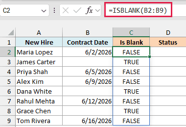 Excel formula bar showing =ISBLANK(B2:B9) with column C displaying TRUE or FALSE results for empty contract dates