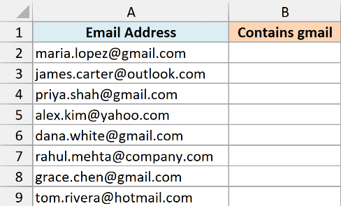 Excel email-address dataset with an empty Contains gmail column for a case-insensitive substring check