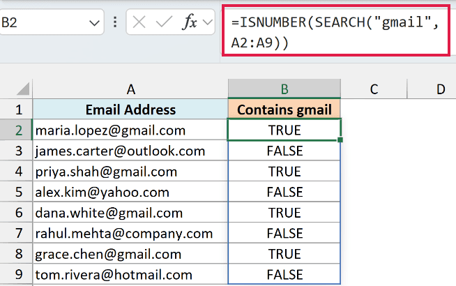 Excel ISNUMBER and SEARCH formula in B2 returning TRUE where each email address contains gmail, with the output labeled Contains gmail