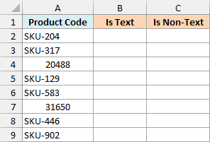 Excel table with Product Code column containing mixed SKU text and numeric values to test ISTEXT and ISNONTEXT functions