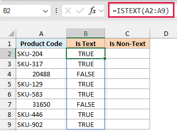 Excel formula bar showing ISTEXT function applied to column A, with results displayed in column B