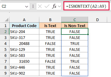 Excel formula bar showing ISNONTEXT(A2:A9) with results in column C identifying non-text values as TRUE