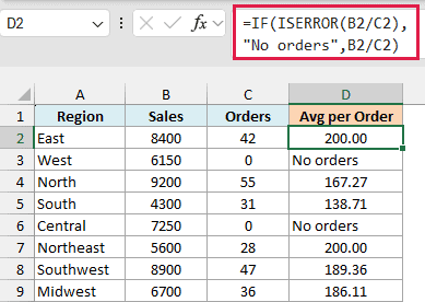 Excel formula bar showing IF and ISERROR functions to handle division by zero errors in a sales data table