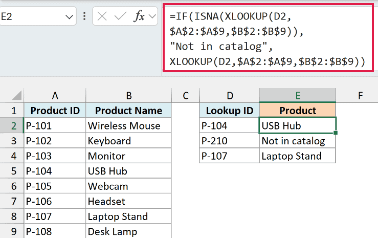 Excel IF and ISNA formula with XLOOKUP in E2 using D2 and fixed catalogue ranges, returning USB Hub, Not in catalog, and Laptop Stand