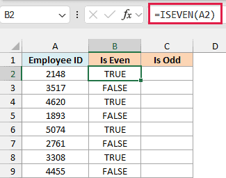Excel formula bar showing =ISEVEN(A2) with column B displaying TRUE or FALSE results for employee IDs in column A