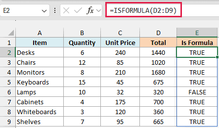 Excel formula bar showing =ISFORMULA(D2:D9) applied to a table column, returning TRUE or FALSE for each row