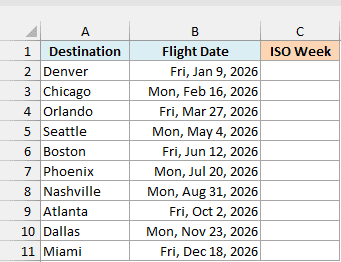 A list of ten flight destinations with their 2026 flight dates and an empty ISO Week column.