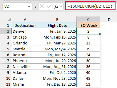 ISOWEEKNUM in C2 spills an ISO week number for every flight date, such as week 19 for Monday, May 4, 2026.