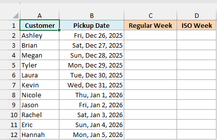 Bakery pickup dates from December 26, 2025 to January 5, 2026 with empty Regular Week and ISO Week columns.