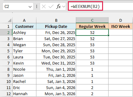 WEEKNUM in C2, copied down, puts December 28 to 31, 2025 in week 53 and restarts at week 1 on January 1, 2026.