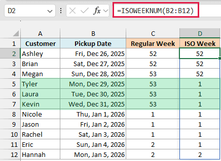 ISOWEEKNUM in D2 puts December 29 to 31, 2025 in ISO week 1, while WEEKNUM shows week 53 for the same dates.