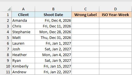 Photo shoot dates from December 2026 to January 2027 with empty Wrong Label and ISO Year-Week columns.