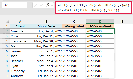 The LET formula in D2 uses the Thursday of each ISO week for the year, so January 1 and 2, 2027 show 2026-W53.