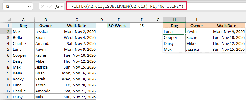 FILTER with ISOWEEKNUM in H2 returns the four walks in ISO week 46, from Monday, November 9 to Sunday, November 15, 2026.