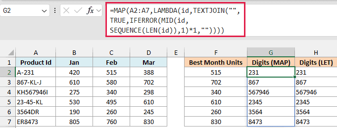 BYROW and MAP sheet with G2 selected, the MAP formula in the formula bar, and results in columns F, G, and H.