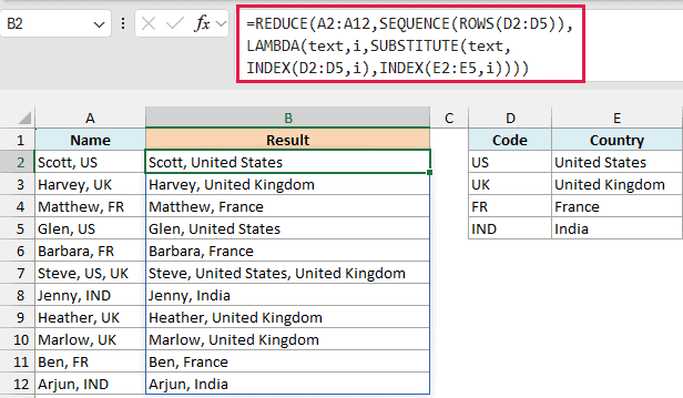 REDUCE sheet with B2 selected, the REDUCE formula in the formula bar, and country-code replacements in B2:B12.