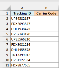 Excel dataset showing Tracking ID in column A and empty Carrier Code column B for various shipping carriers