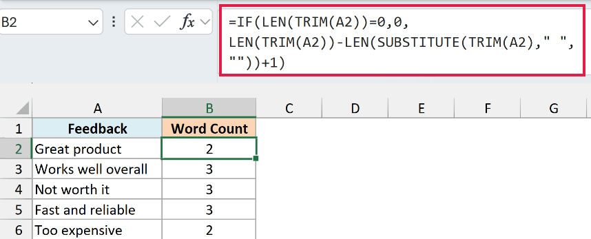 Excel formula using IF, LEN, TRIM, and SUBSTITUTE in B2 to count words in A2 and return zero for blank input or input containing only spaces