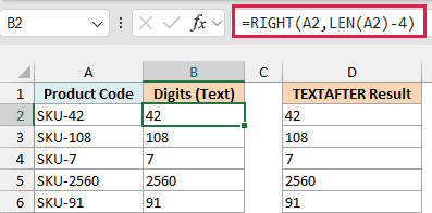 Excel formula =RIGHT(A2, LEN(A2)-4) in the formula bar, extracting numbers from SKU codes in column A to column B