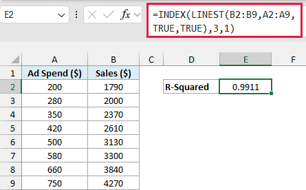=INDEX(LINEST(B2:B9,A2:A9,TRUE,TRUE),3,1) in E2 returning an R-squared of 0.9911.