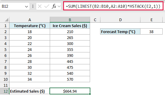 =SUM(LINEST(B2:B10,A2:A10)*HSTACK(E2,1)) in B12 estimating about 665 dollars in sales for a 38-degree day.