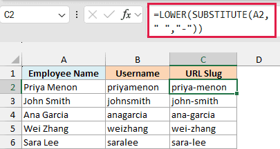 Excel formula using LOWER and SUBSTITUTE to convert employee names into lowercase URL slugs in column C