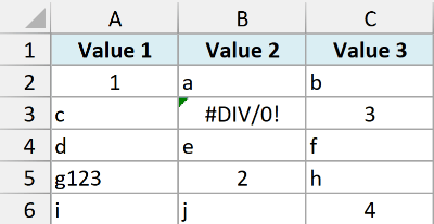 Excel dataset in A1:C6 with three column headers, mixed numbers and text, and an intentional #DIV/0! error in B3.