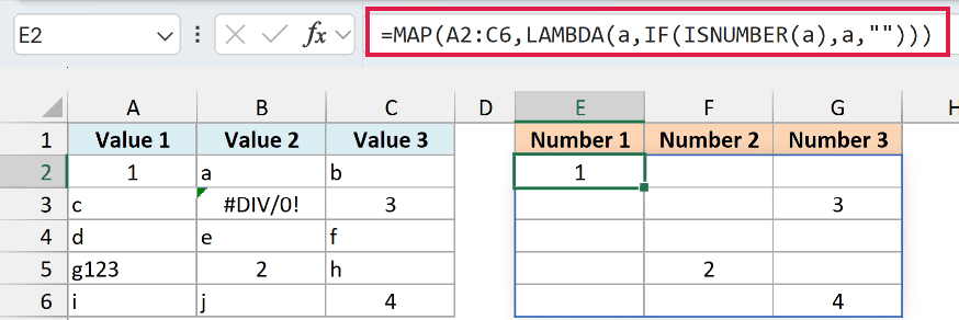 MAP formula in E2 returning 1, 3, 2, and 4 in their original positions from A2:C6, with blanks for text and the source error.