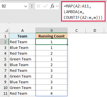 Map formula to get a running count for each category