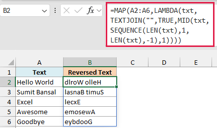 Map formula to reverse text string in Excel