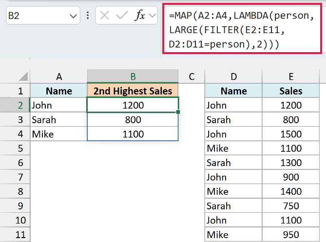 Map formula to find the second highest sales value