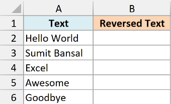 Excel dataset with text strings and an empty Reversed Text column