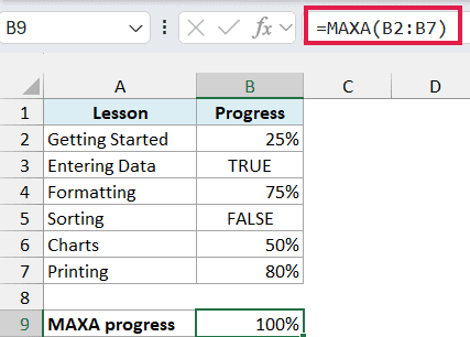 MAXA includes TRUE and returns 100 percent as the highest lesson progress.