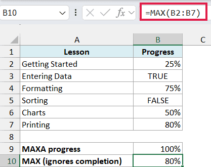 MAX ignores logical values in cells and returns 80 percent for the lesson tracker.