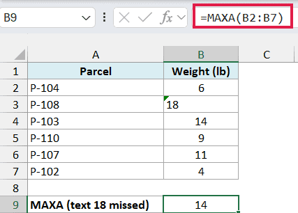 MAXA returns 14 because the referenced text value 18 counts as zero.