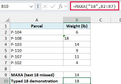MAXA converts the directly supplied text argument 18 and returns 18.