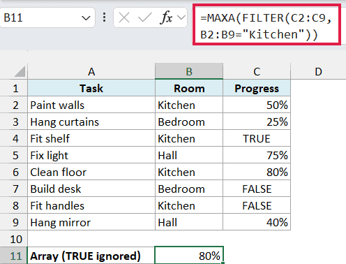 MAXA with a nested FILTER returns 80 percent because the array logical values are ignored.